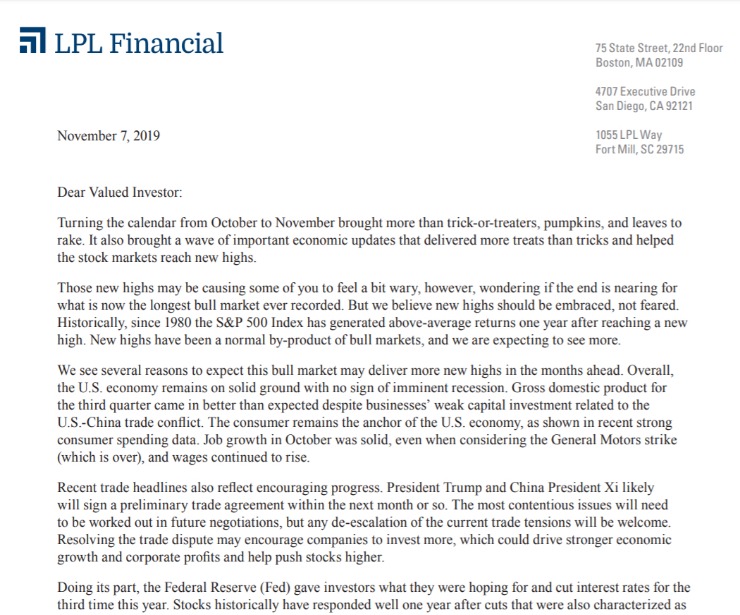 Reaching New Highs | Client Letter | November 7, 2019