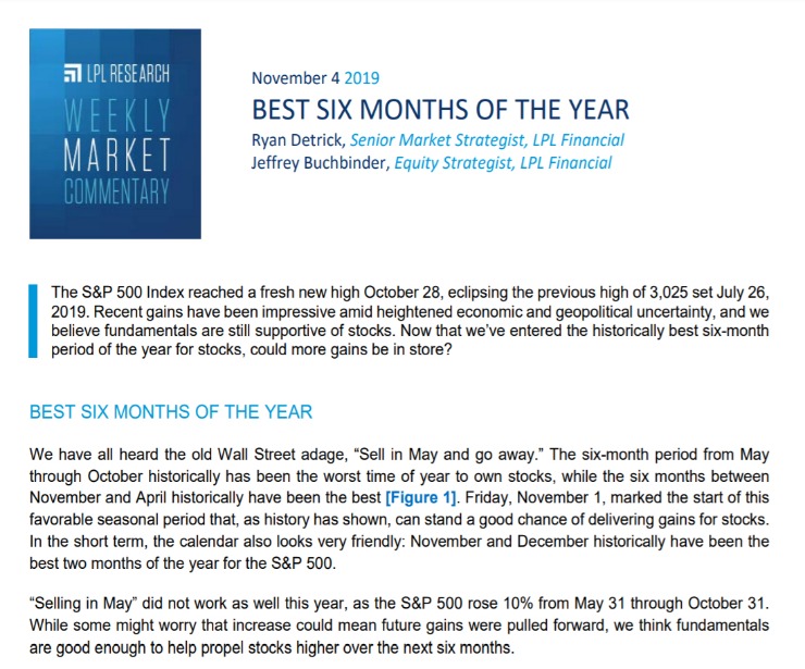 Best Six Months of the Year | Weekly Market Commentary | November 4, 2019
