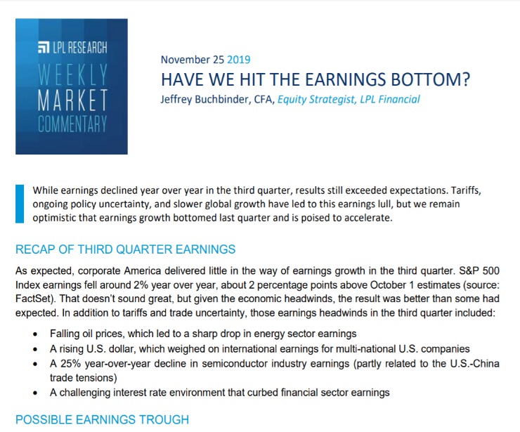 Have We Hit the Earnings Bottom? | Weekly Market Commentary | November 25, 2019