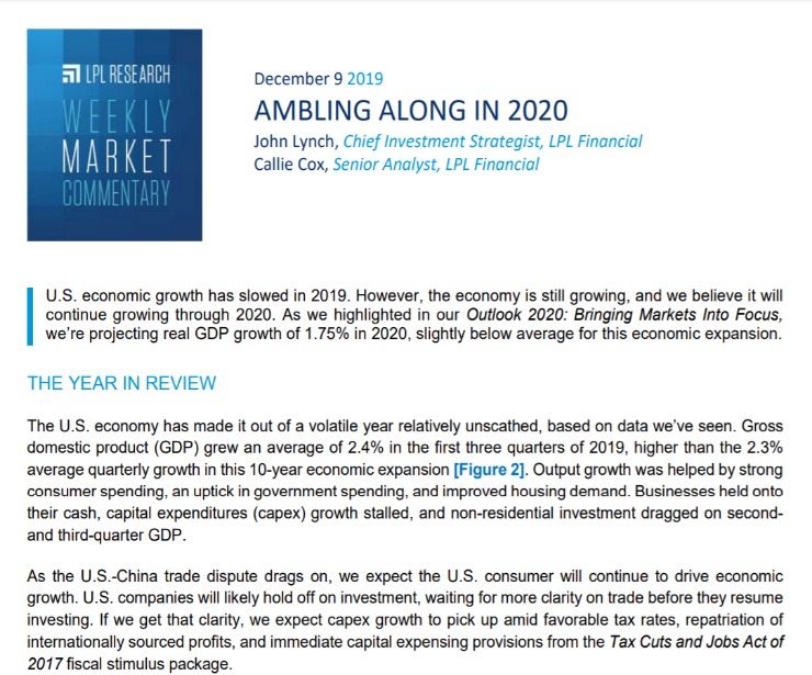 Ambling Along in 2020 | Weekly Market Commentary | December 9, 2019