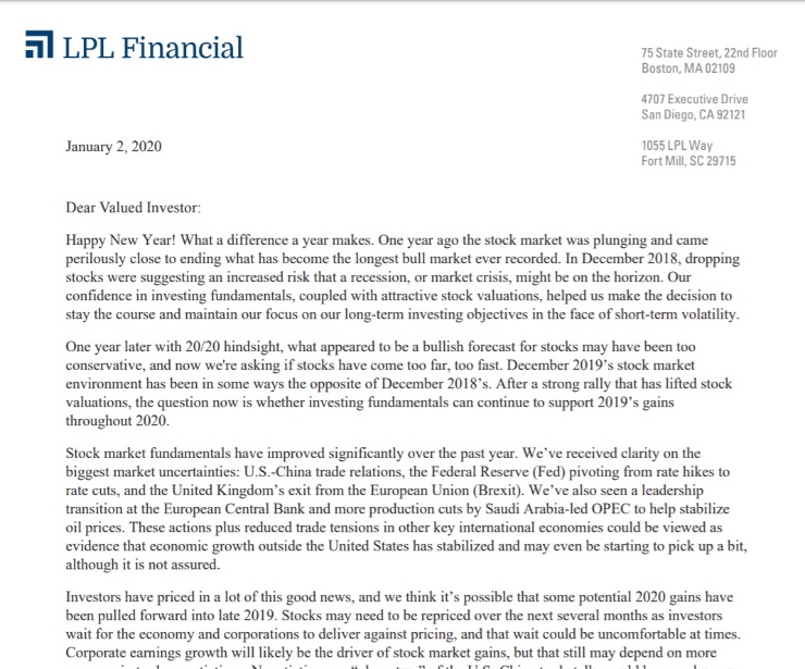 Client Letter | 2020 Gains on 2019 | January 2020