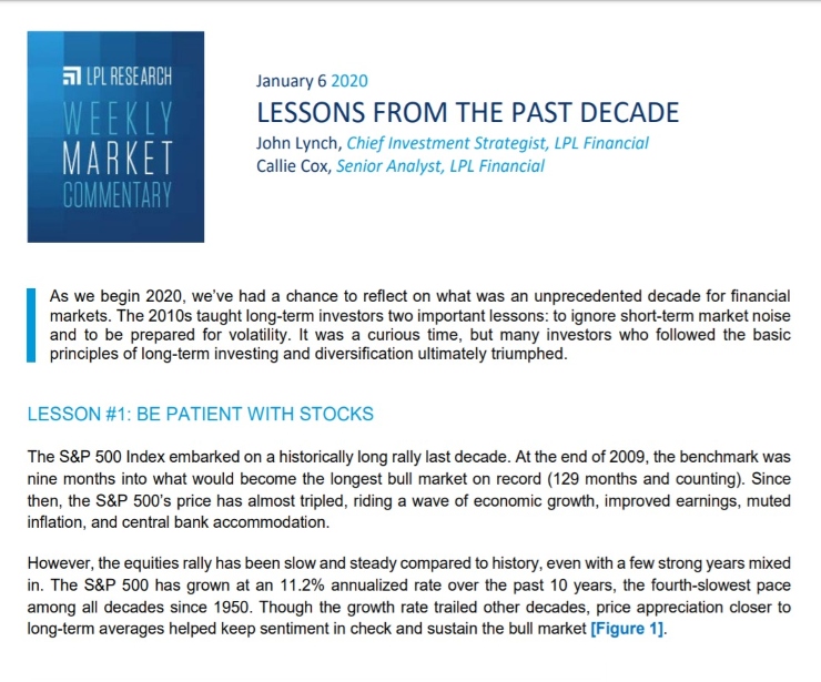 Lessons From The Past Decade | Weekly Market Commentary | January 6, 2020