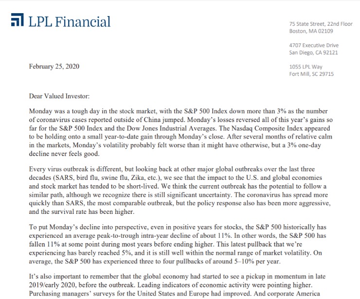 Client Letter | Coronavirus Fears End The Calm | February 25, 2020