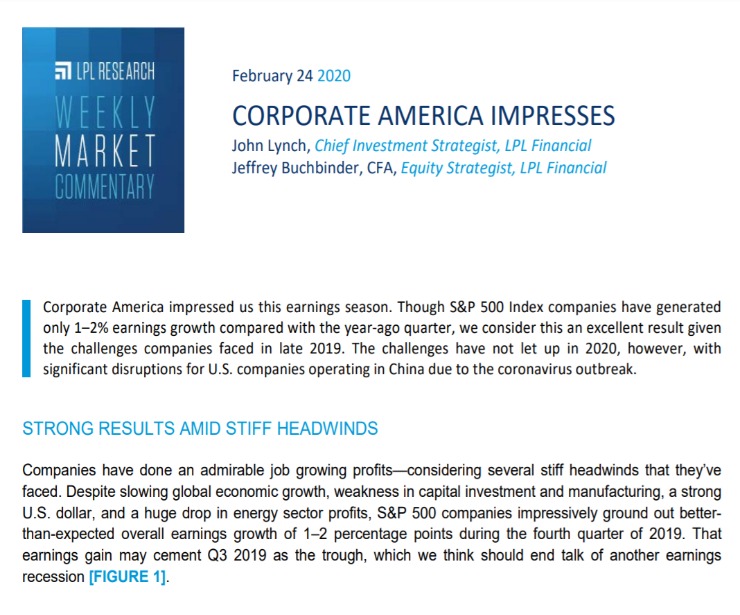 Corporate America Impresses | Weekly Market Commentary | February 24, 2020