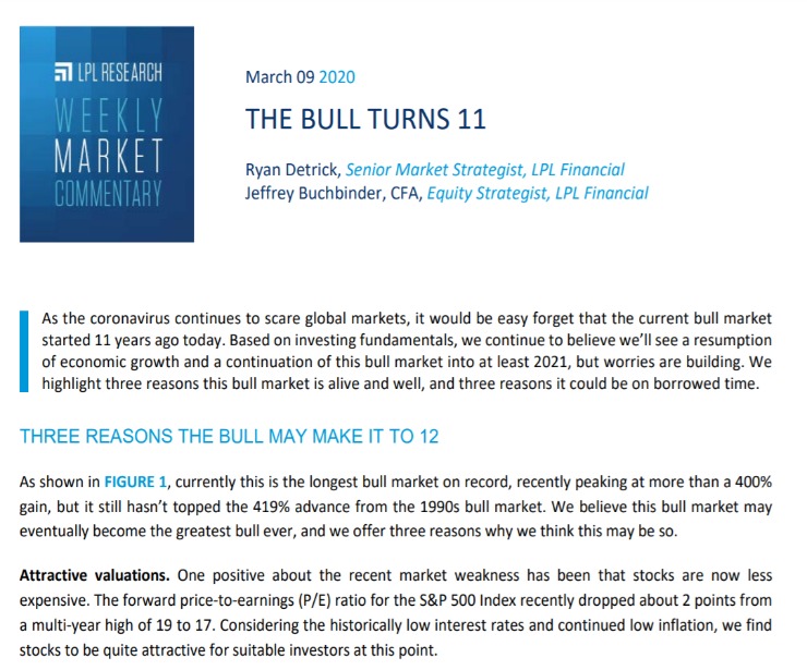 The Bull Turns 11 | Weekly Market Commentary | March 9, 2020