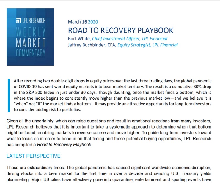 Road TO Recovery Playbook | Weekly Market Commentary | March 16, 2020