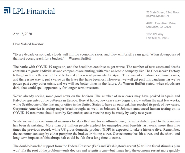 Client Letter | When It Rains Gold, Reach for A Bucket | April 2, 2020