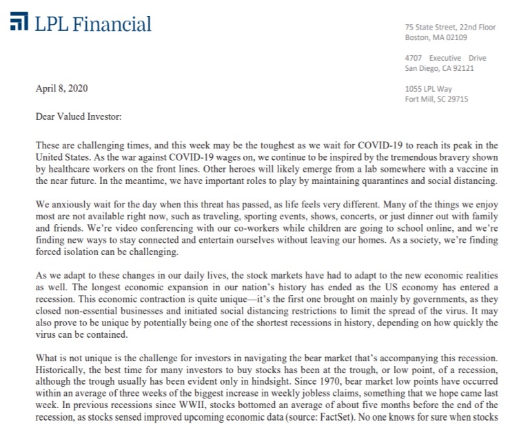 Client Letter | A Unique Economic Situation | April 8, 2020