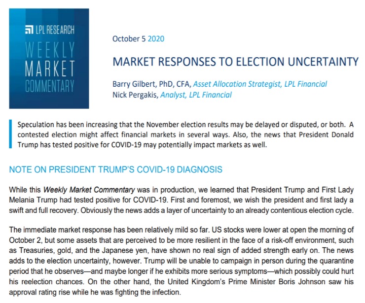Market Responses to Election Uncertainty|Weekly Market Commentary|October 5, 2020